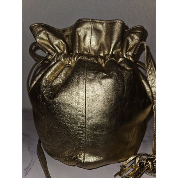 Viva Of California Gold Leather Studded Tassels Vintage Bucket Handbag 11x10x5 - Picture 8 of 14